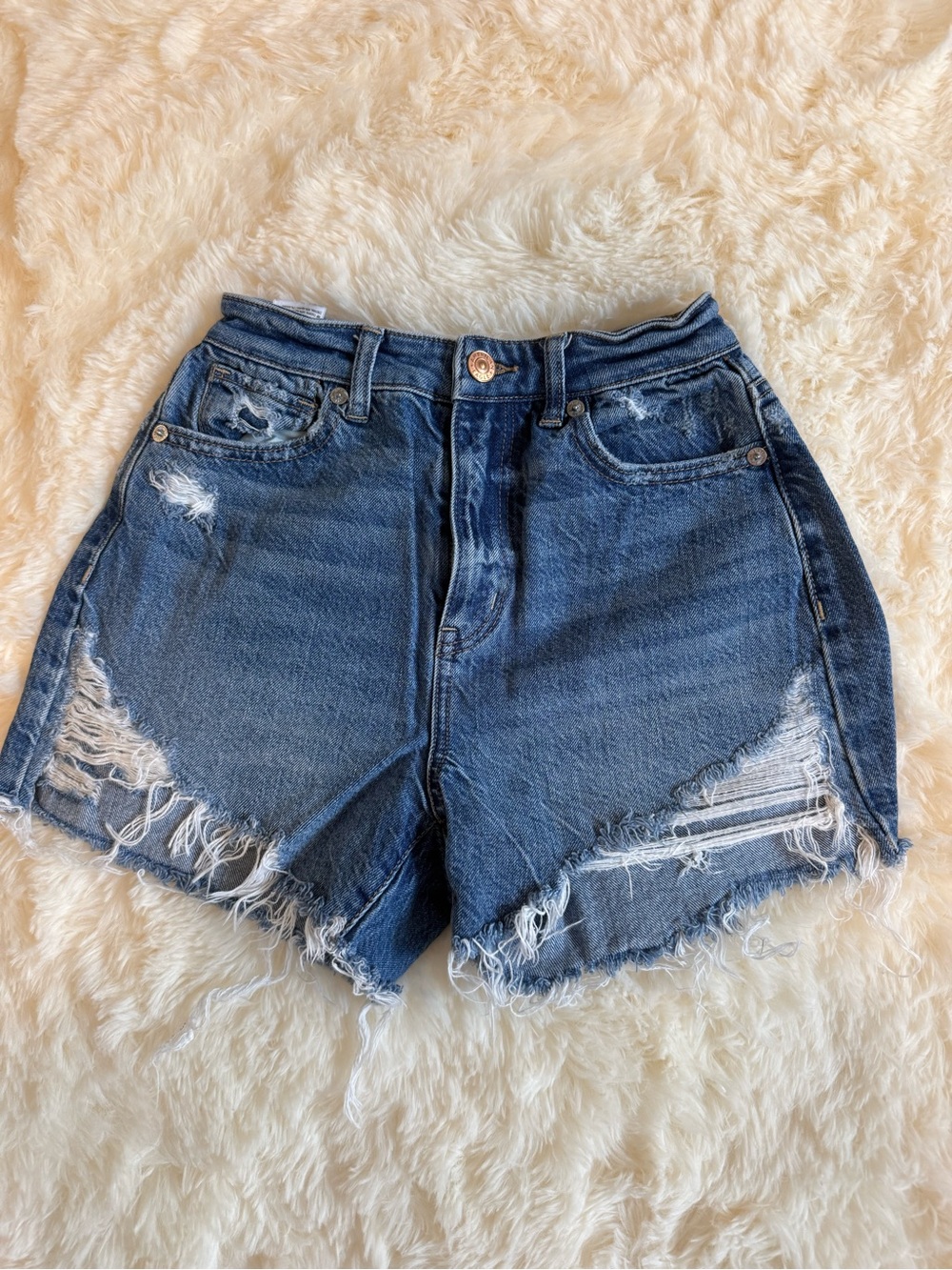 American Eagle Outfitters Distressed Dark Blue High-Rise Mom Shorts